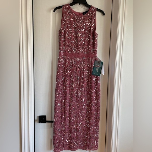 Nwt Mac Duggal Triangle Bead & Sequin Pattern Midi Sheath Dress in Rosewood Pink - Picture 5 of 15